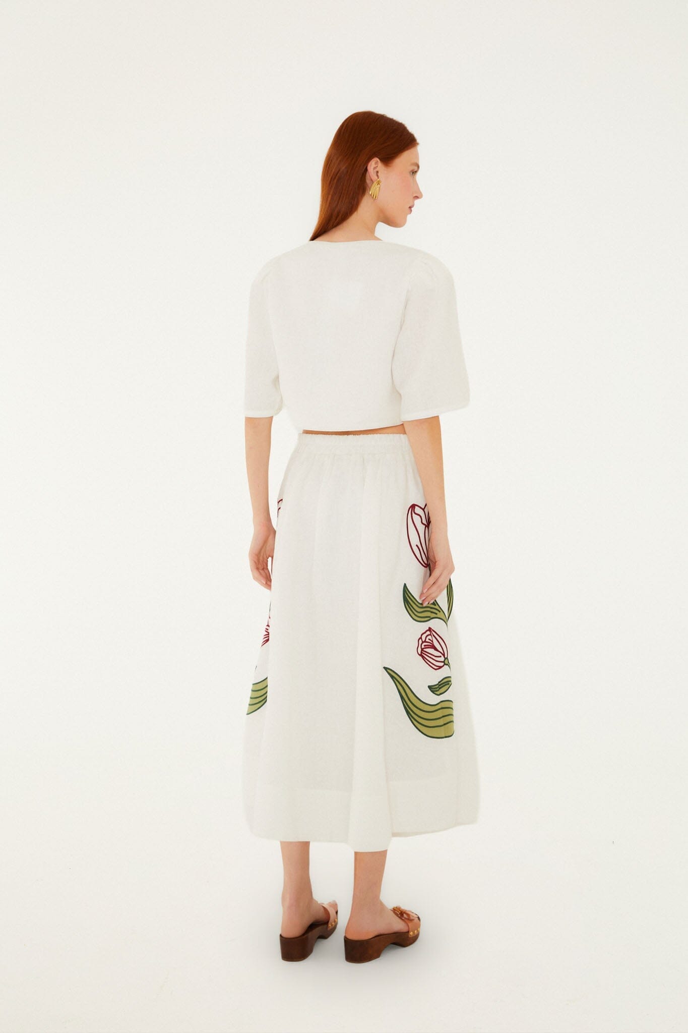 Off-White Flower Embroidered Midi Skirt
