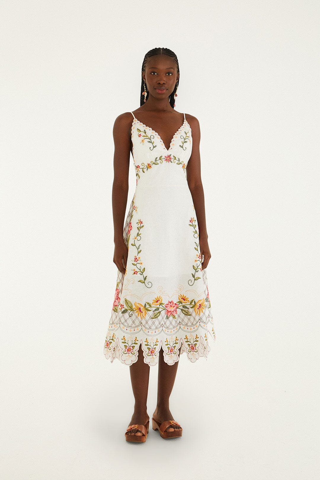 FARM Rio model wearing the Off-White Flower Embroidery Asymetric Hem Midi Dress