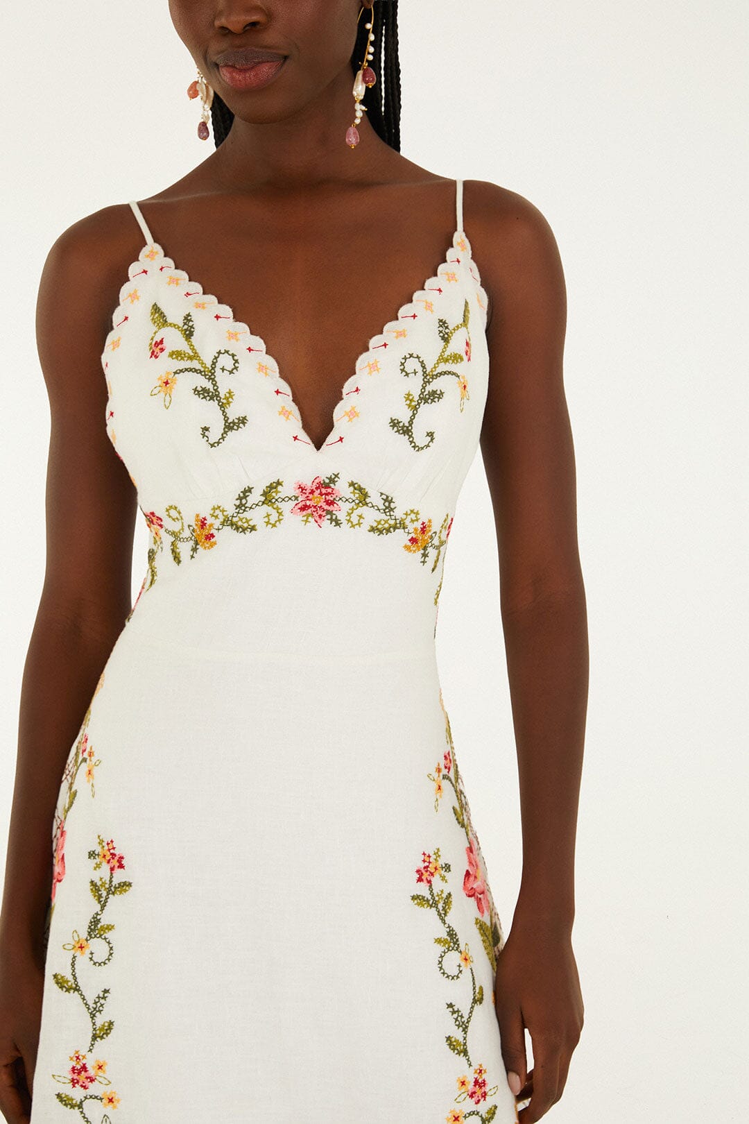 FARM Rio model wearing the Off-White Flower Embroidery Asymetric Hem Midi Dress