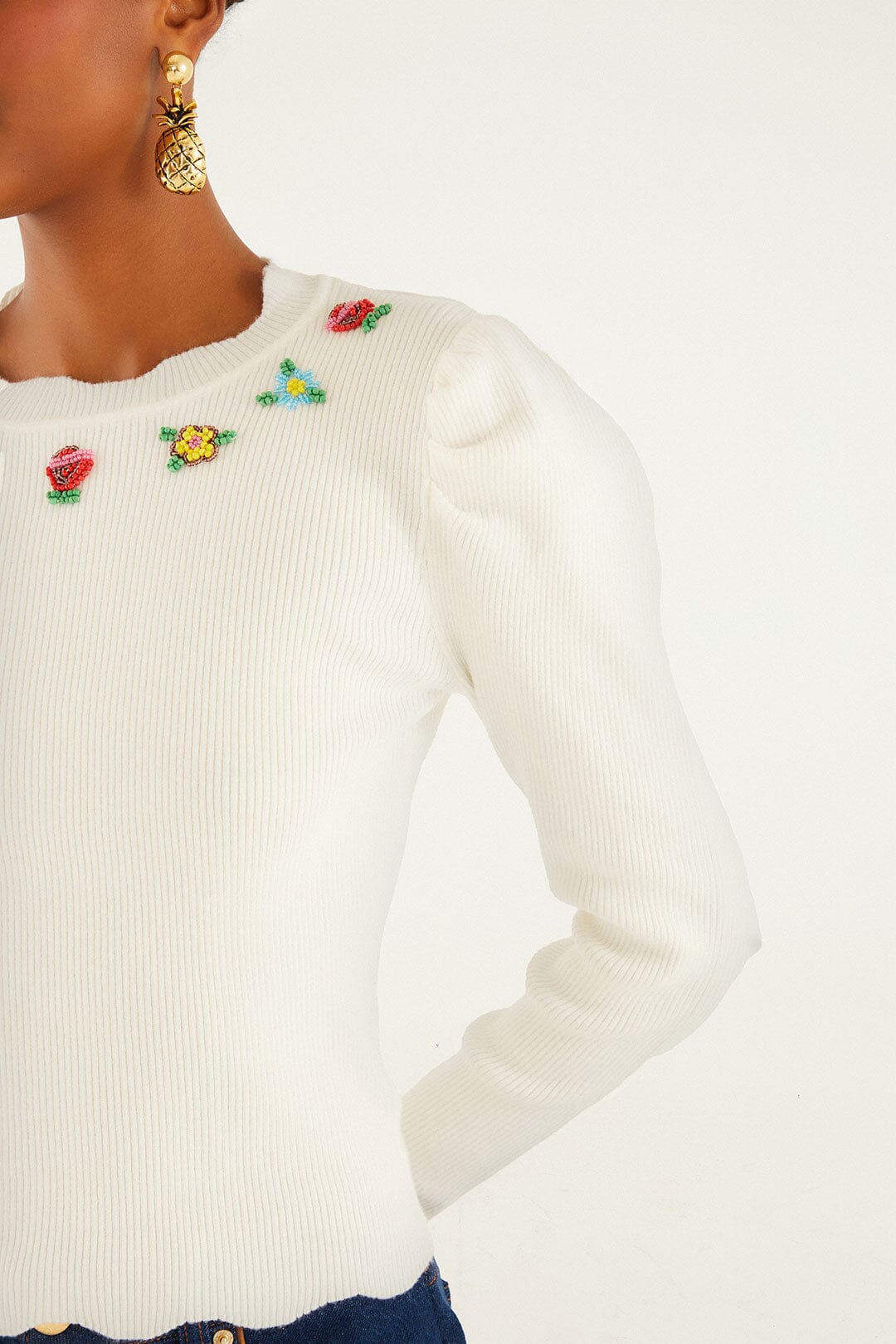 FARM Rio model wearing the Off-White Flower Embroidery Knit Top