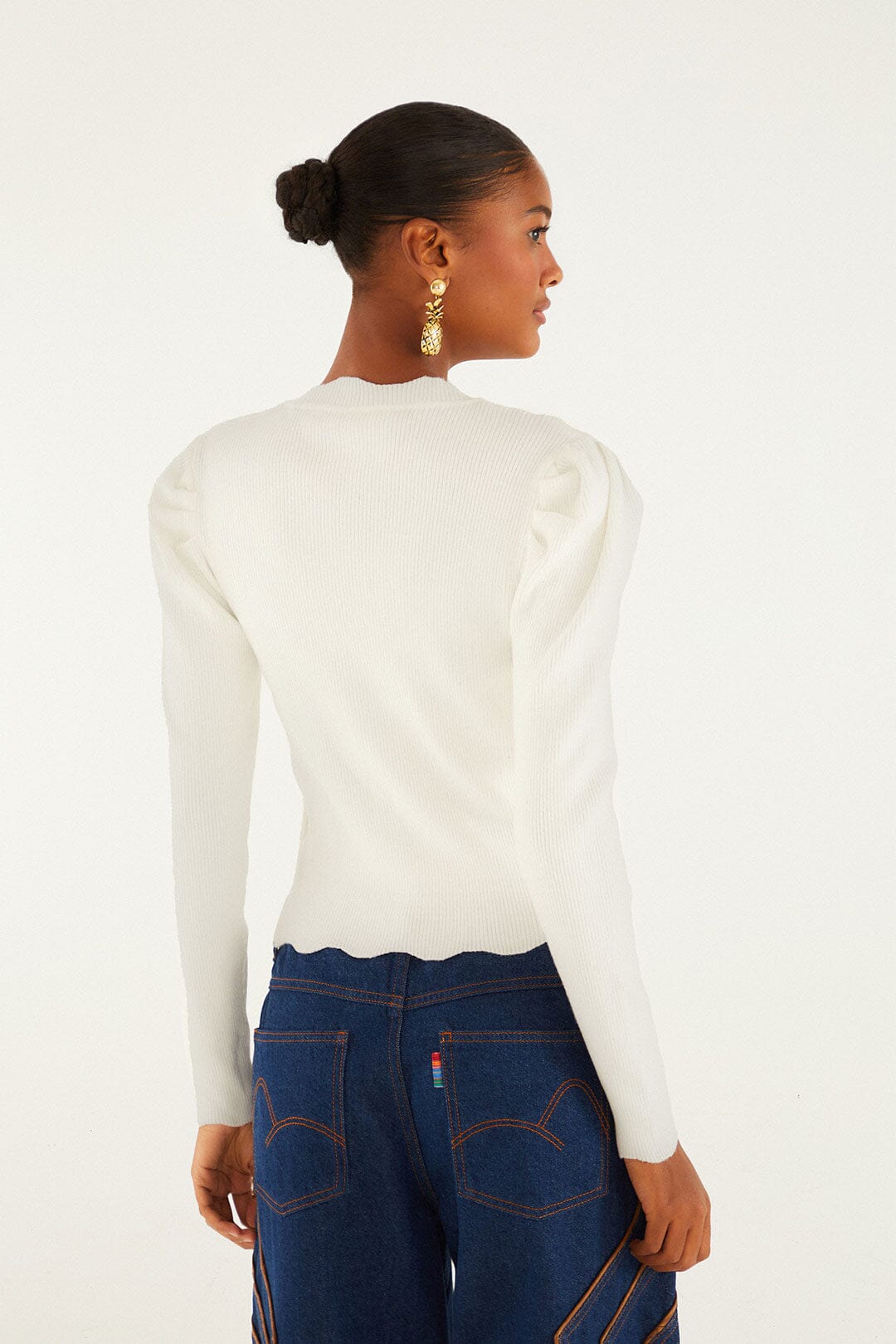 FARM Rio model wearing the Off-White Flower Embroidery Knit Top