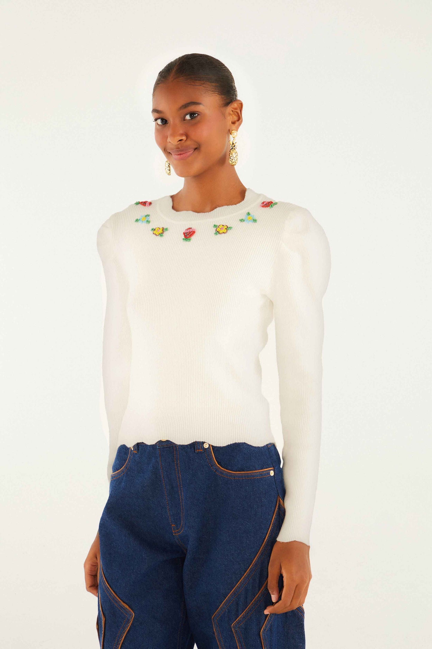 FARM Rio model wearing the Off-White Flower Embroidery Knit Top