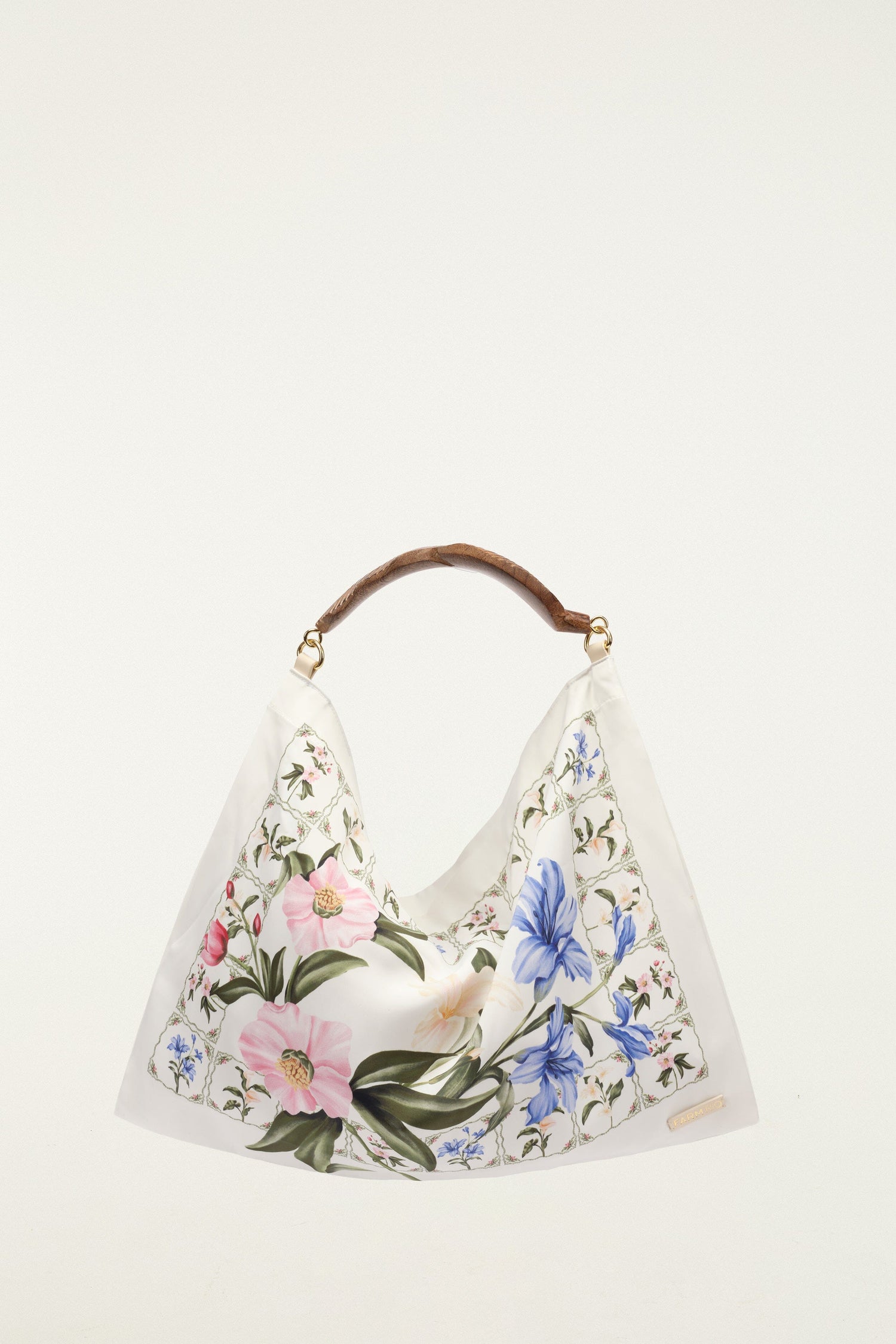 FARM Rio model wearing the Off-White Flowers Satin Small Scarf Bag
