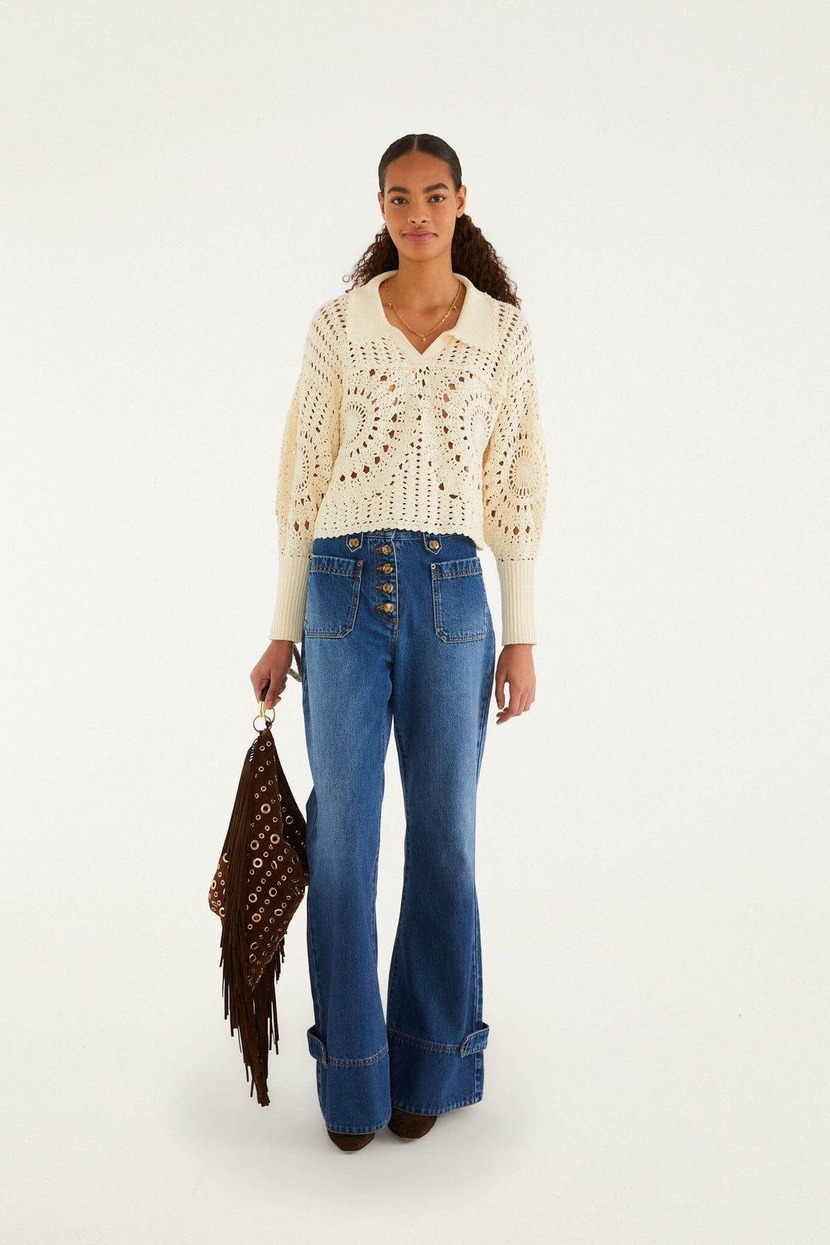 Jersey de crochet tipo polo color blanco roto