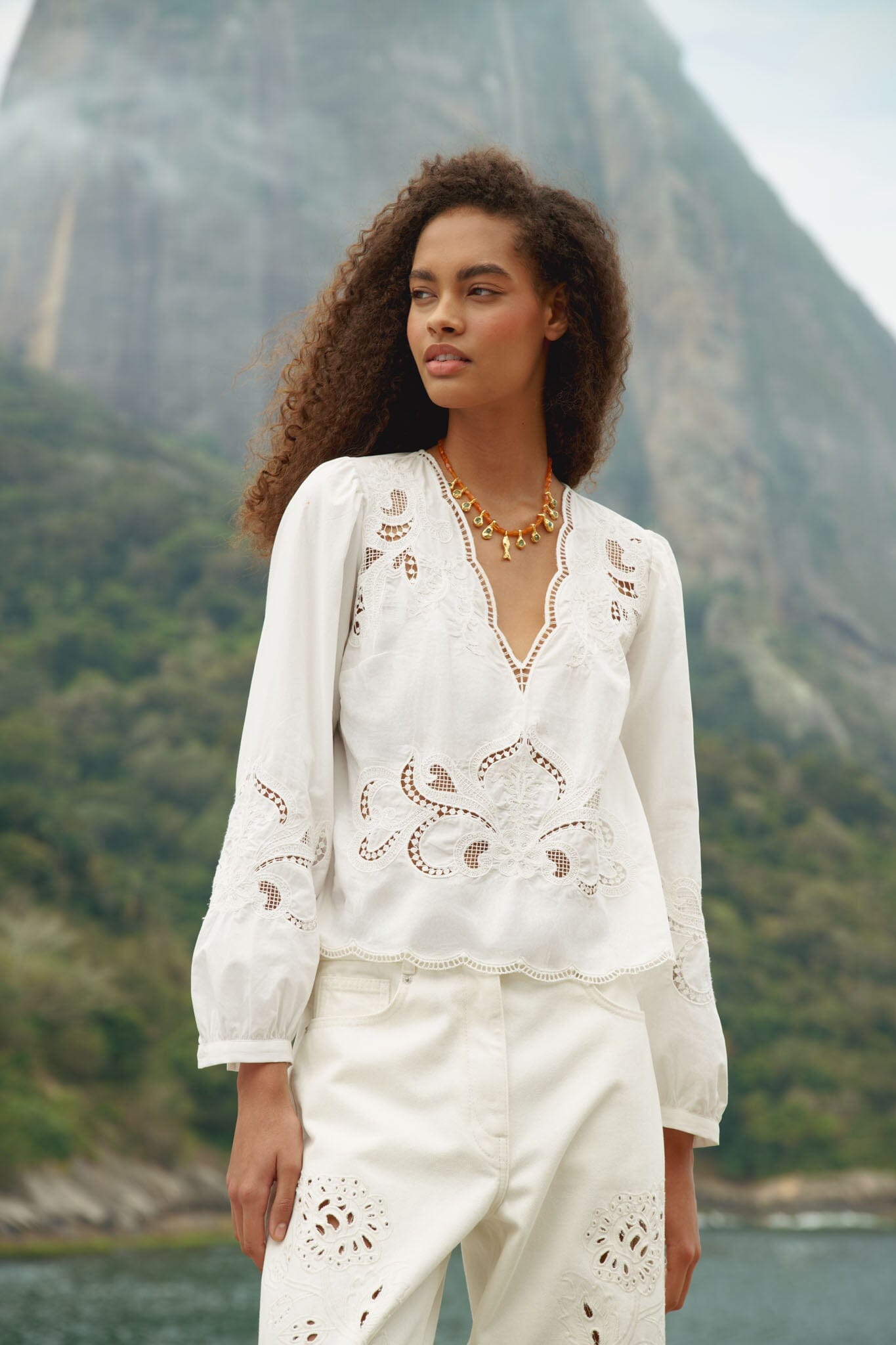 FARM Rio model wearing the Off-White Richelieu Long Sleeve Blouse