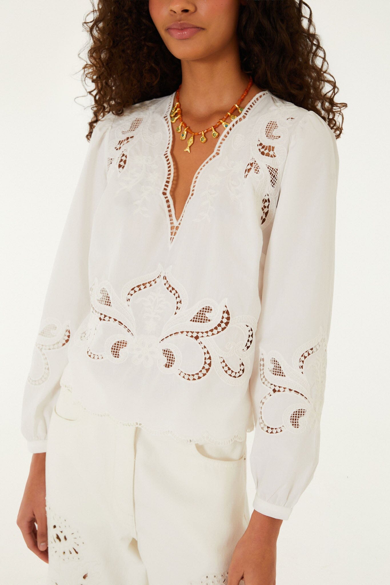 FARM Rio model wearing the Off-White Richelieu Long Sleeve Blouse