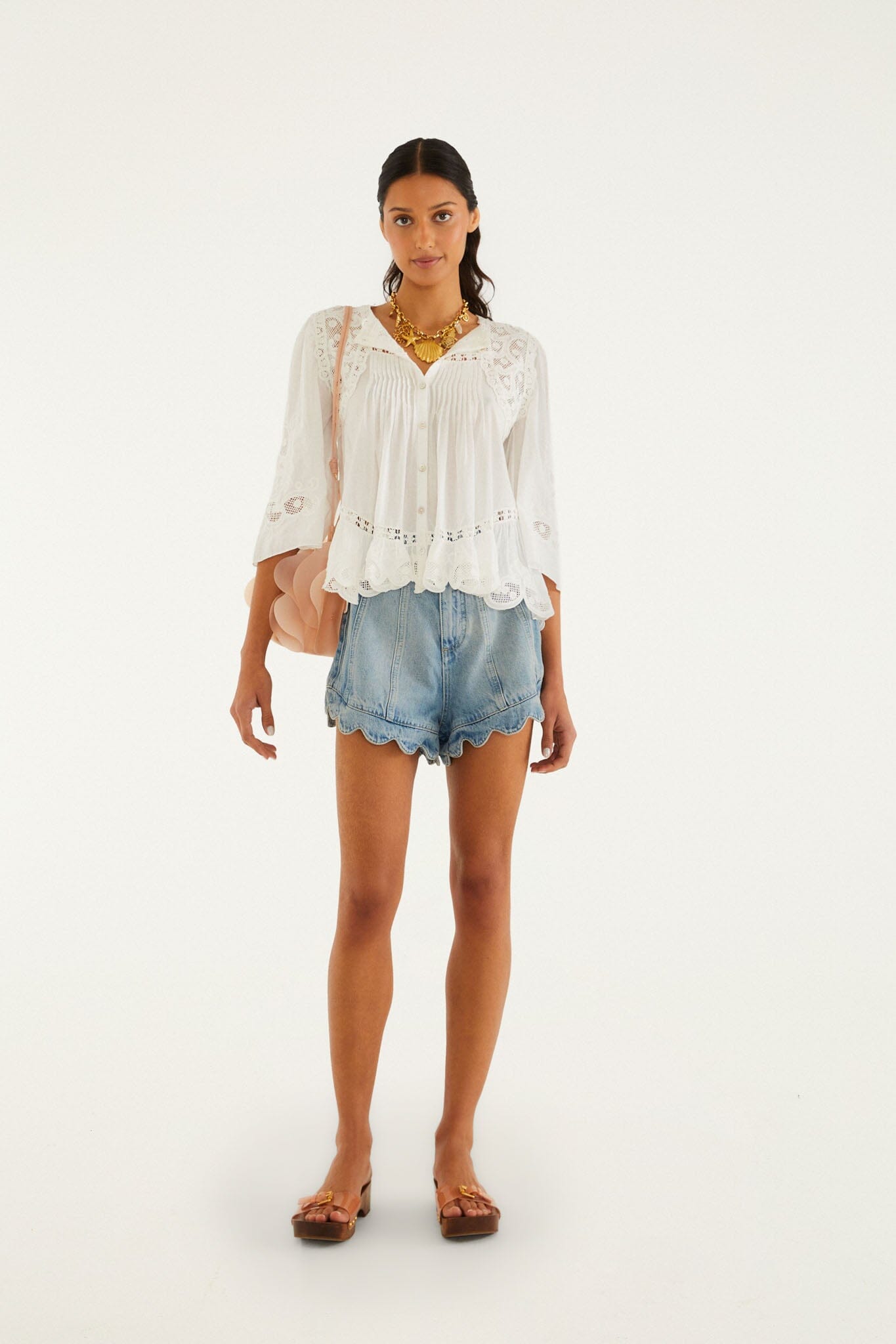 FARM Rio model wearing the Off-White Richelieu Short Sleeve Blouse