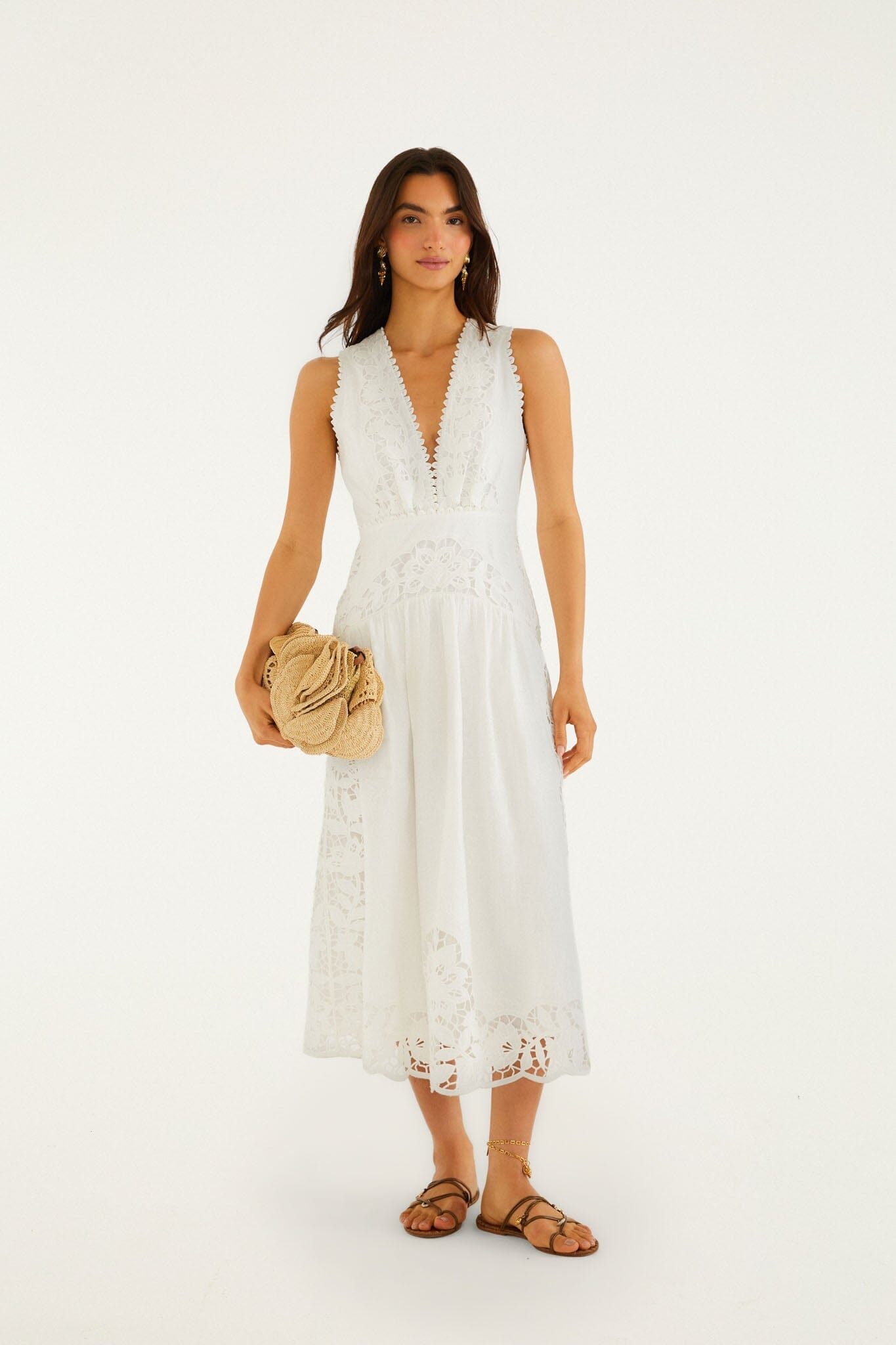 white richelieu sleeveless midi dress Off-White Richelieu V Neck Sleeveless Midi Dress