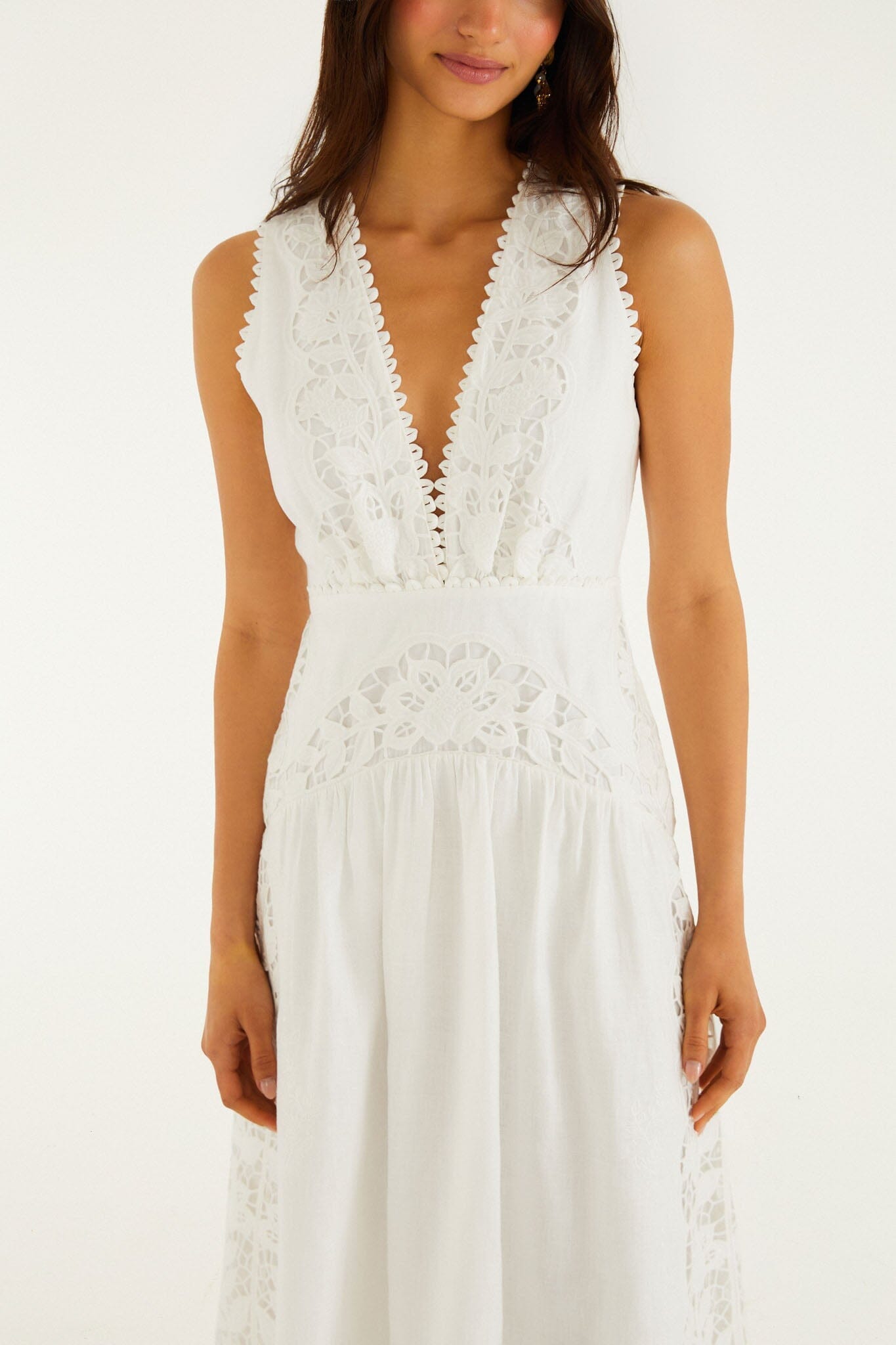 farm rio white richelieu sleeveless midi dress Off-White Richelieu V Neck Sleeveless Midi Dress