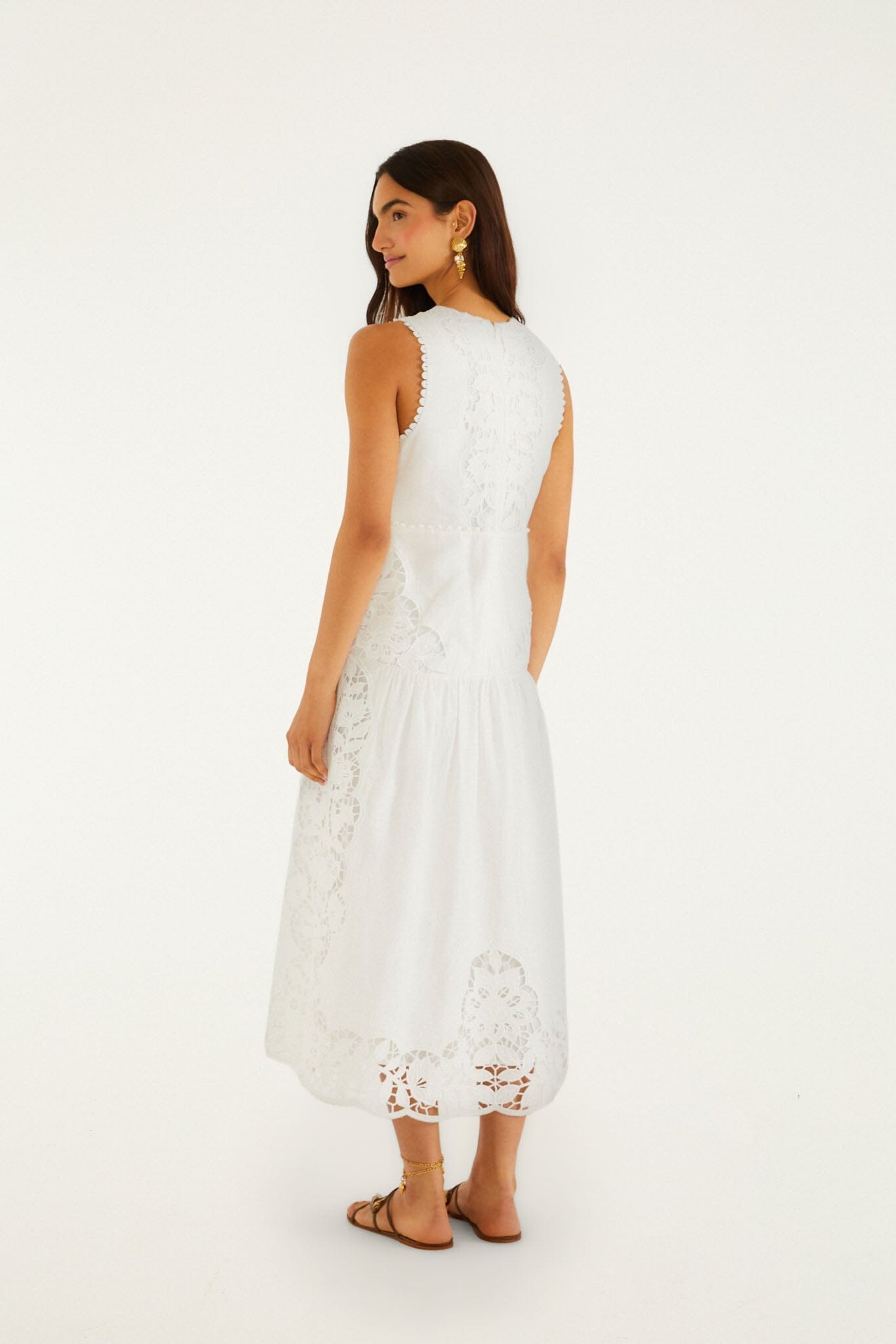 farm rio off white richilieu eyelet midi dress Off-White Richelieu V Neck Sleeveless Midi Dress