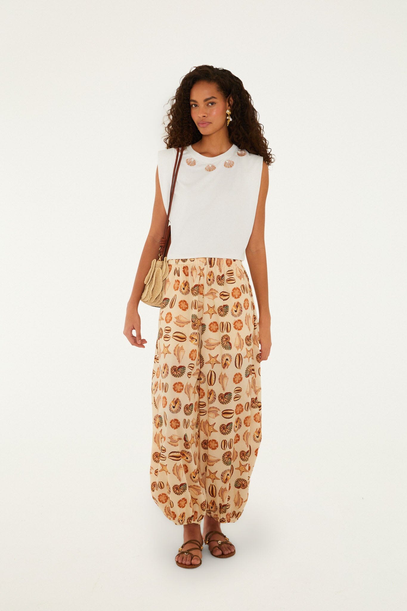 FARM Rio model wearing the Off-White Seashell Embroidery Padded Shoulders T-Shirt