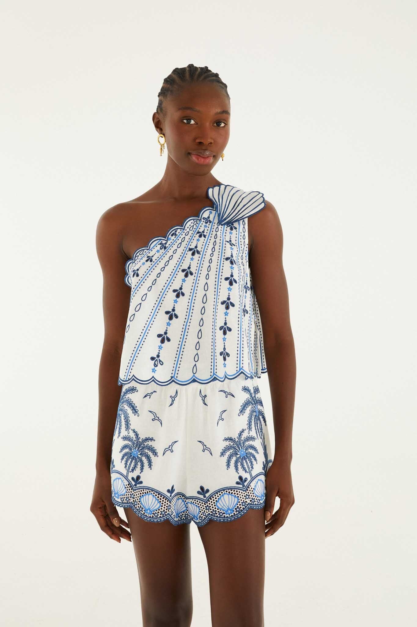 FARM Rio model wearing the One Shoulder 3d Blouse With Embroidery