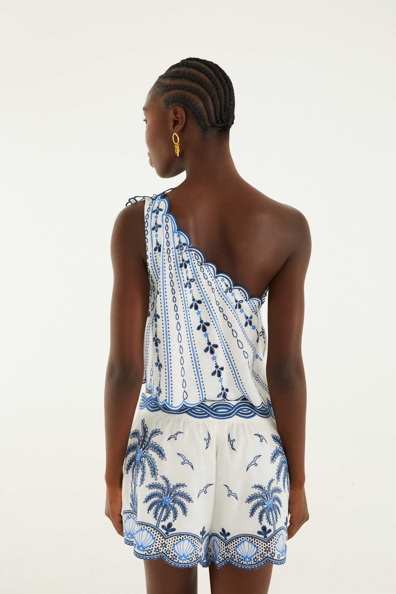 FARM Rio model wearing the One Shoulder 3d Blouse With Embroidery