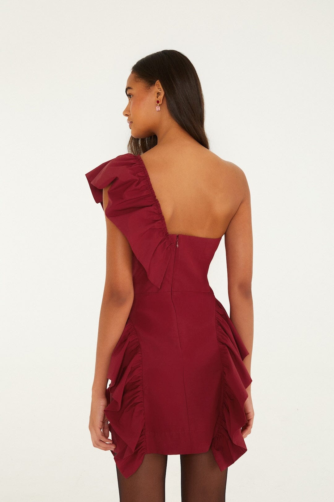 FARM Rio model wearing the One-Shoulder Ruffled Mini Dress