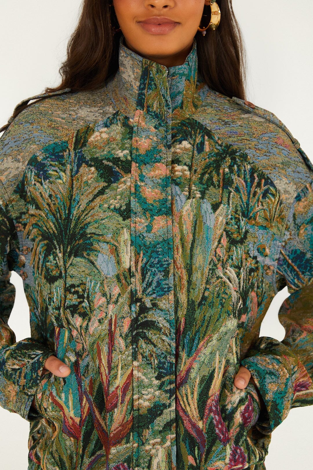 FARM Rio model wearing the Petricor High Neck Jacquard Jacket