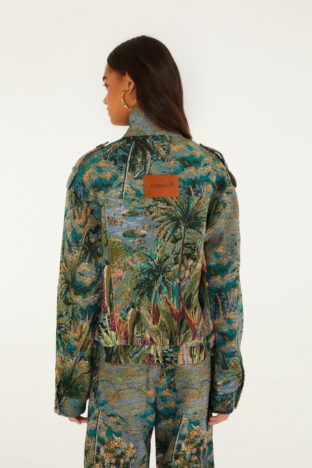 FARM Rio model wearing the Petricor High Neck Jacquard Jacket