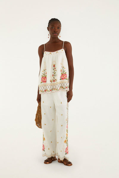 Off-White Flower Embroidery Wide-Leg Pants | FARM Rio