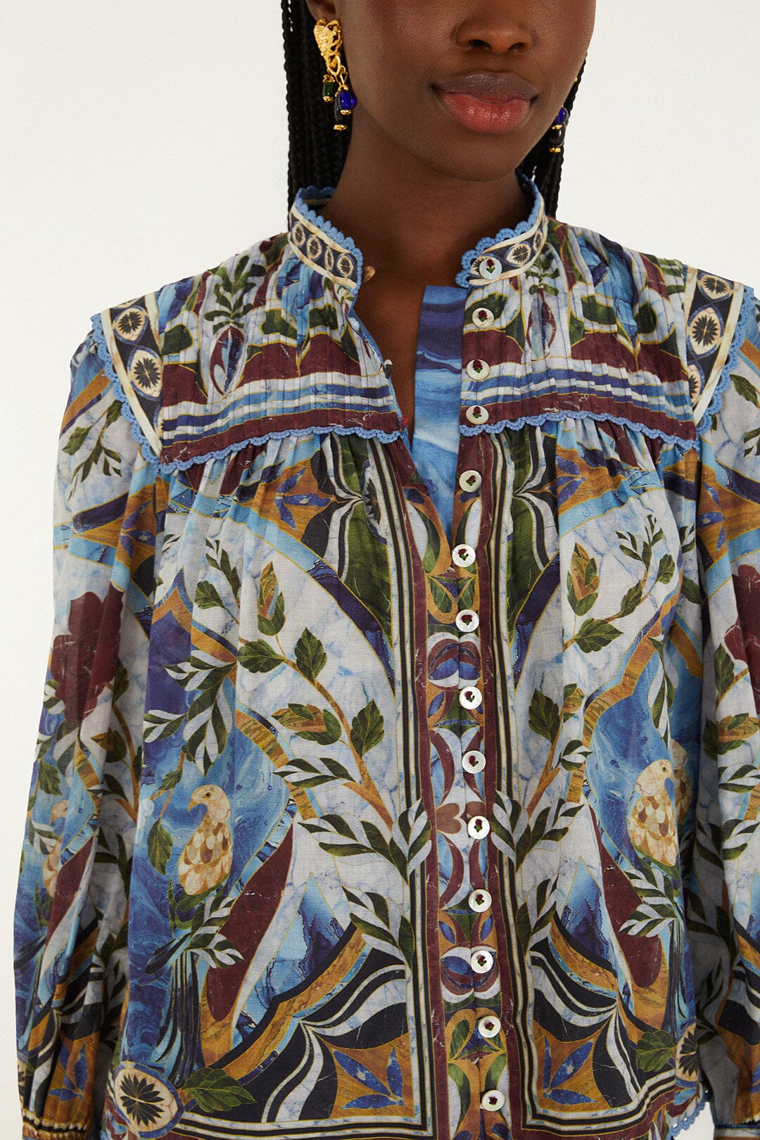 FARM Rio model wearing the Pietra Dura Tapestry Blouse