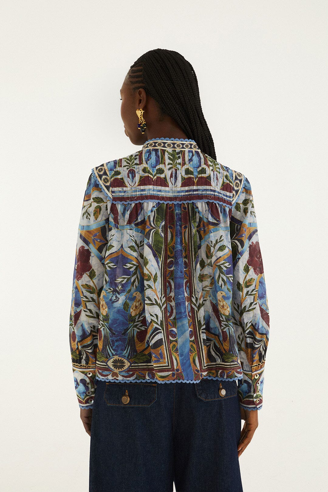 FARM Rio model wearing the Pietra Dura Tapestry Blouse