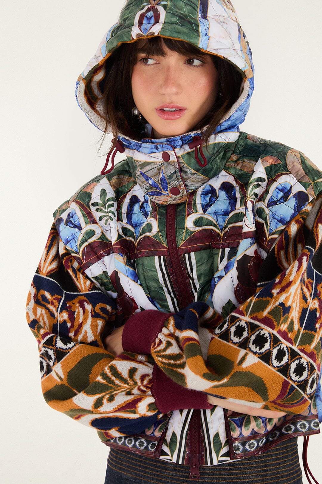 FARM Rio model wearing the Pietra Dura Tapestry Cropped Puffer Jacket