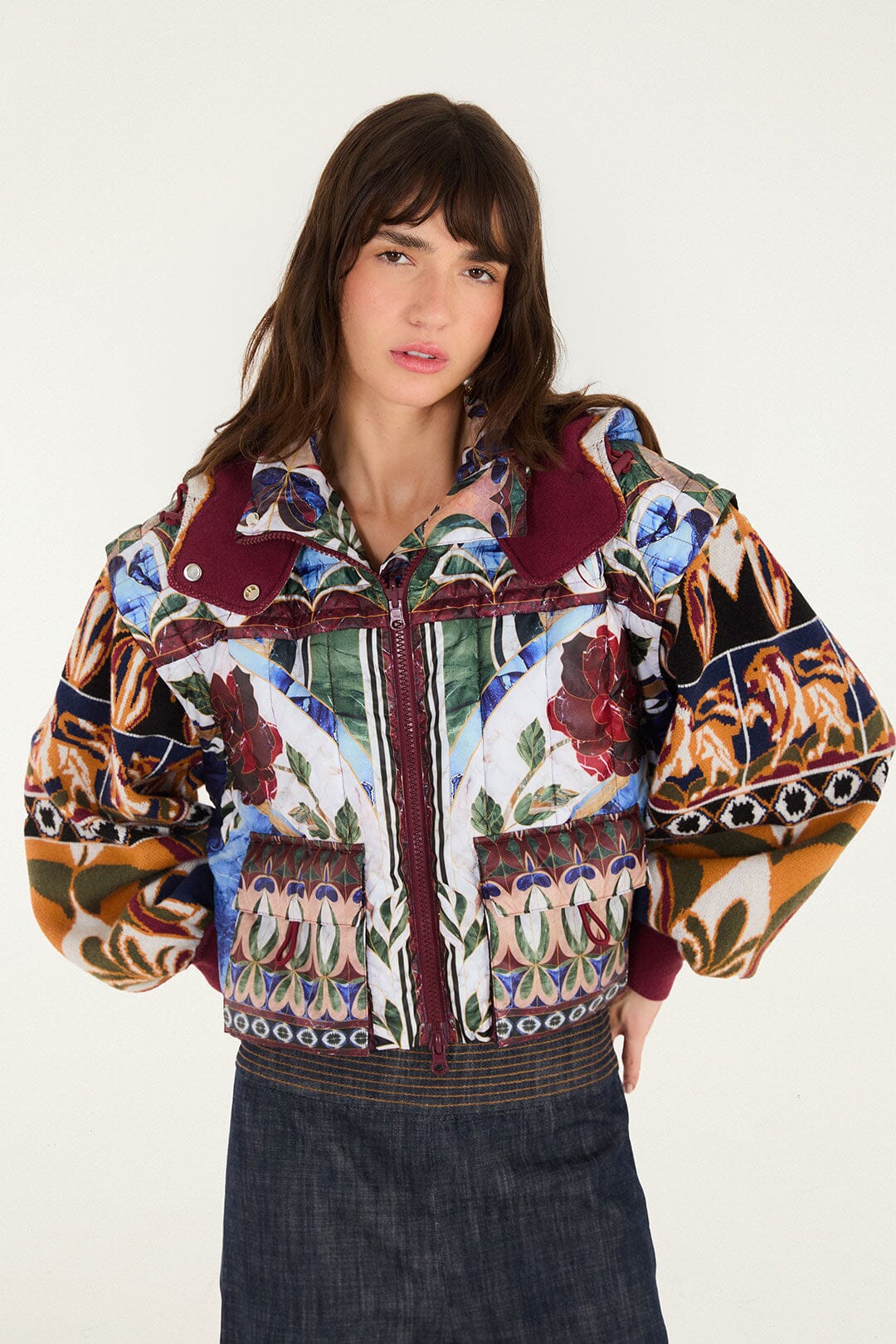 FARM Rio model wearing the Pietra Dura Tapestry Cropped Puffer Jacket