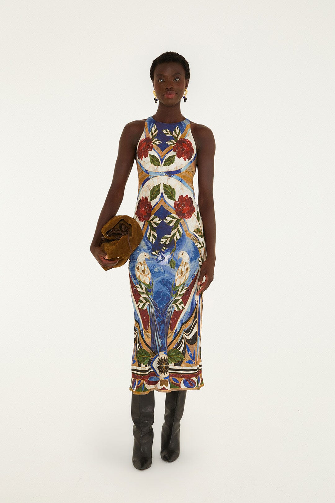 FARM Rio model wearing the Pietra Dura Tapestry Fringe Maxi Dress