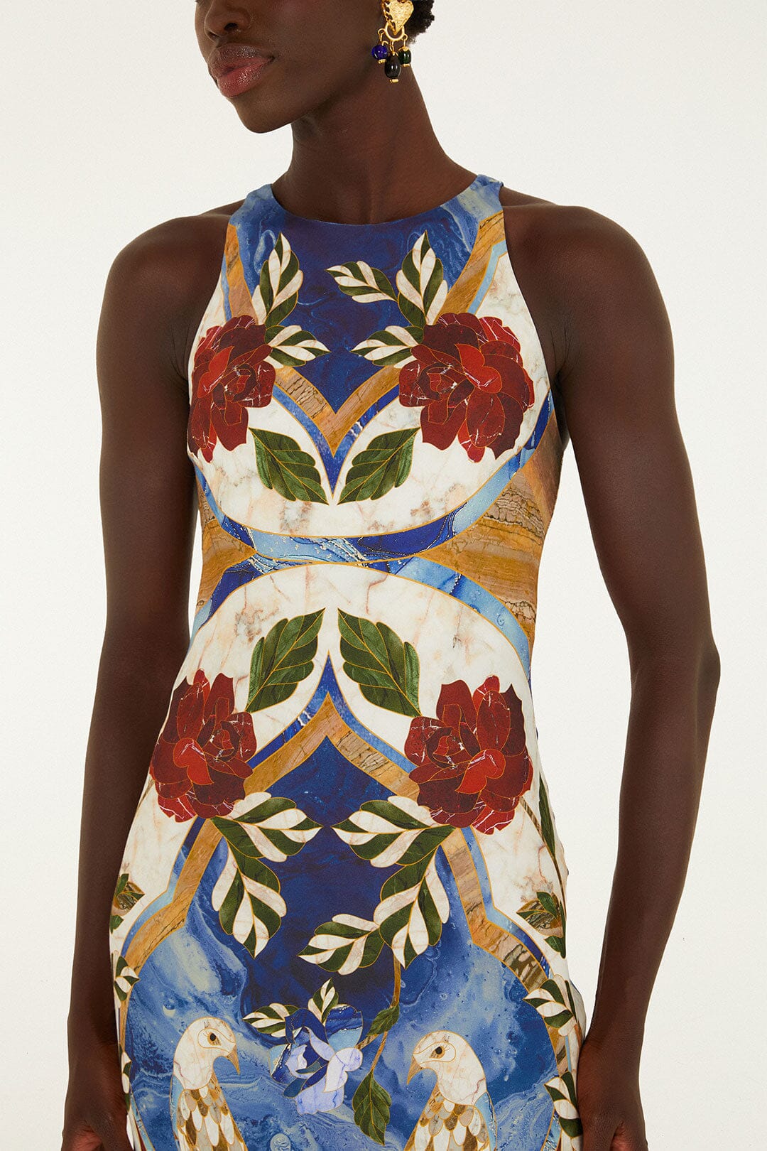 FARM Rio model wearing the Pietra Dura Tapestry Fringe Maxi Dress