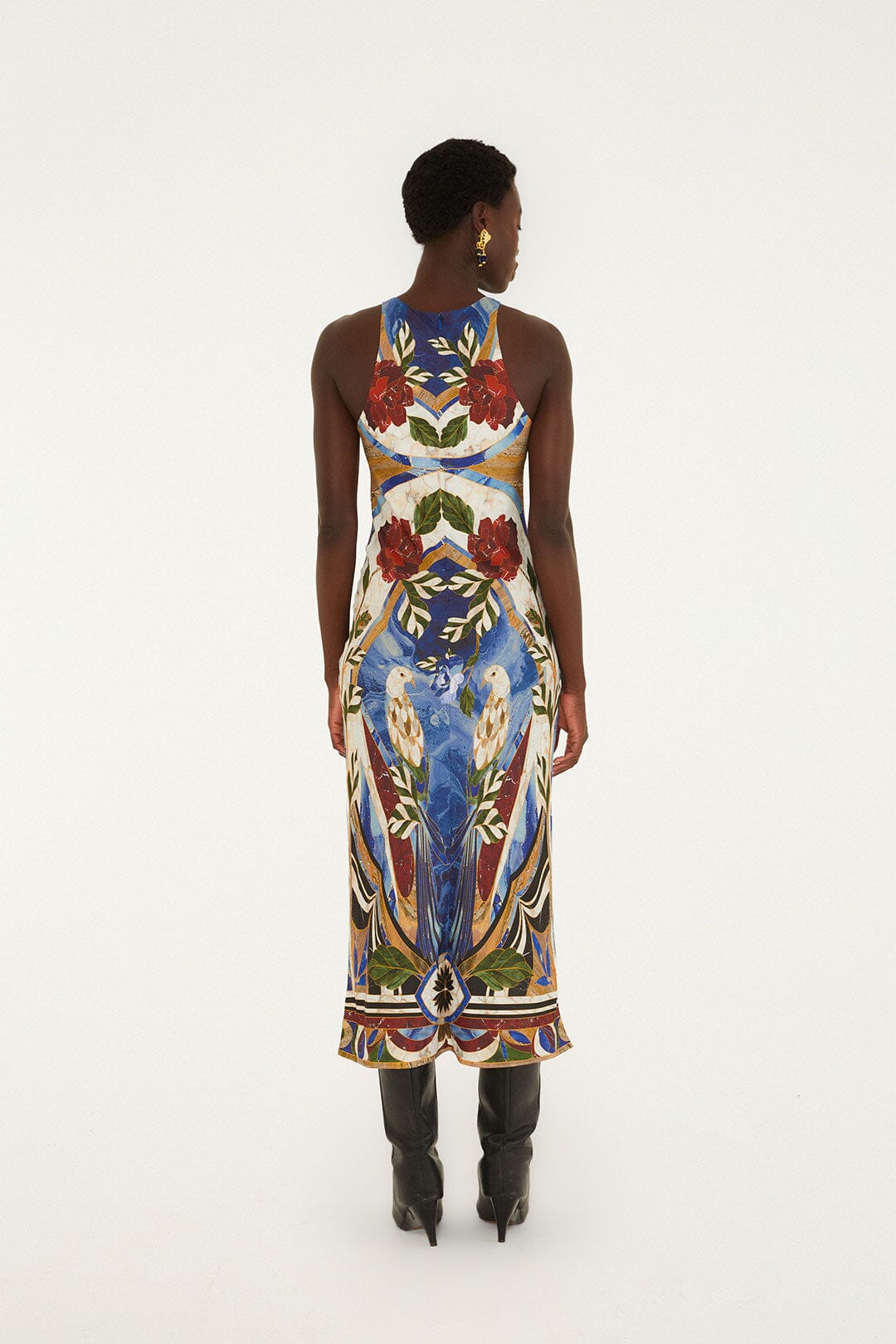 FARM Rio model wearing the Pietra Dura Tapestry Fringe Maxi Dress
