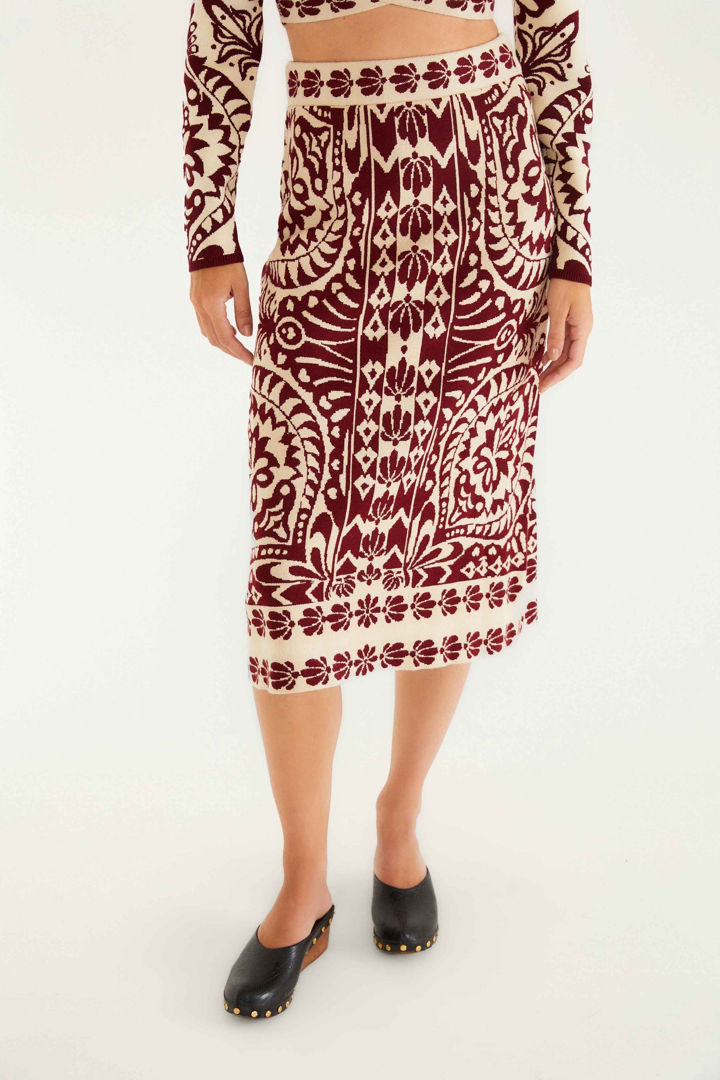 FARM Rio model wearing the Pineapple Love Knit Midi Skirt