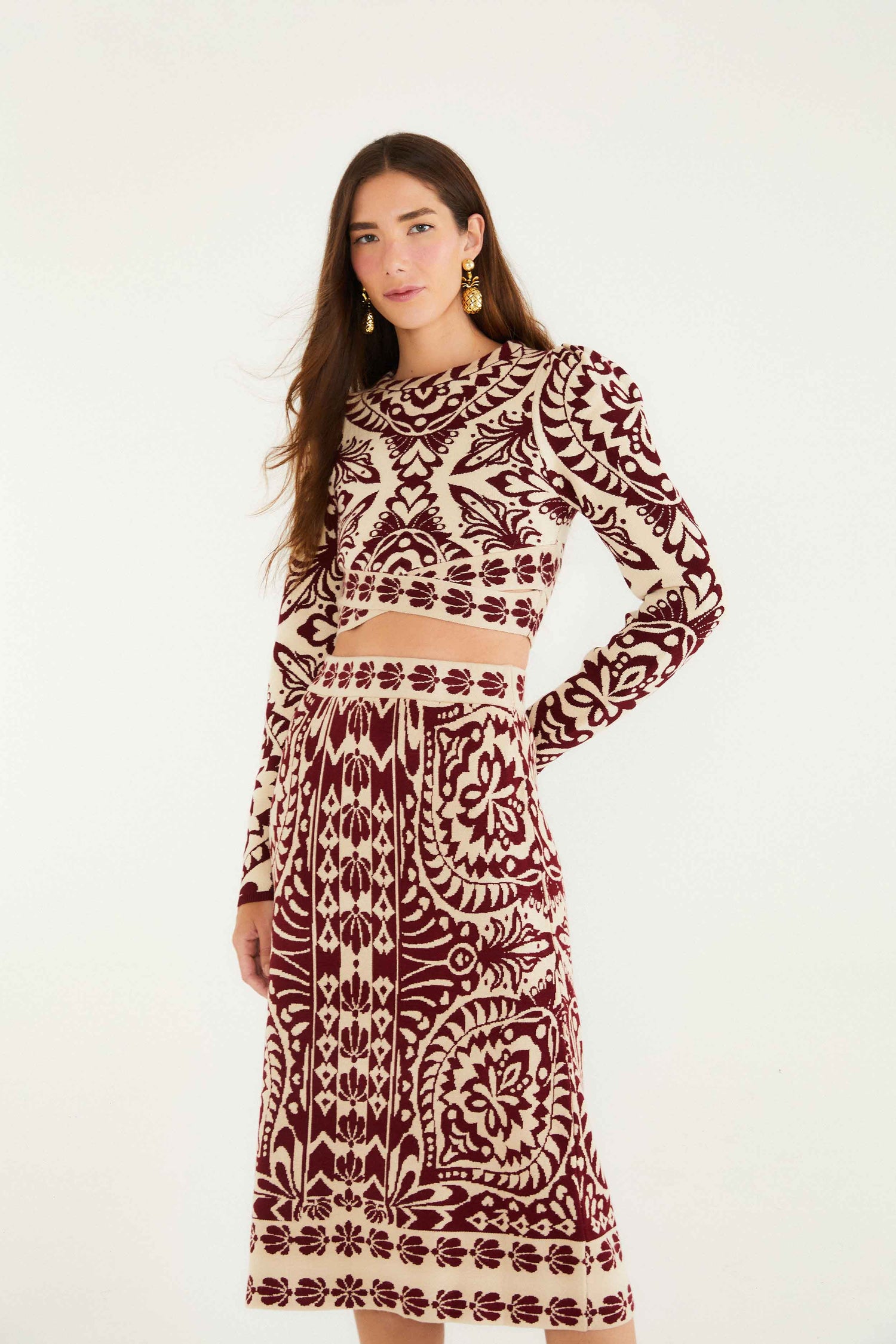 FARM Rio model wearing the Pineapple Love Knit Midi Skirt