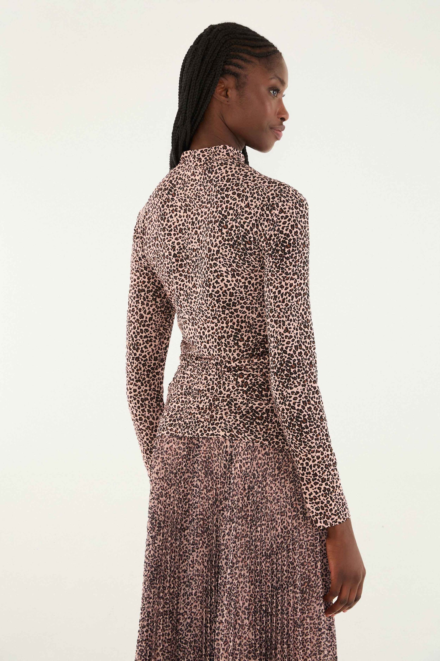 FARM Rio model wearing the Pink Baby Leopard Jersey Blouse