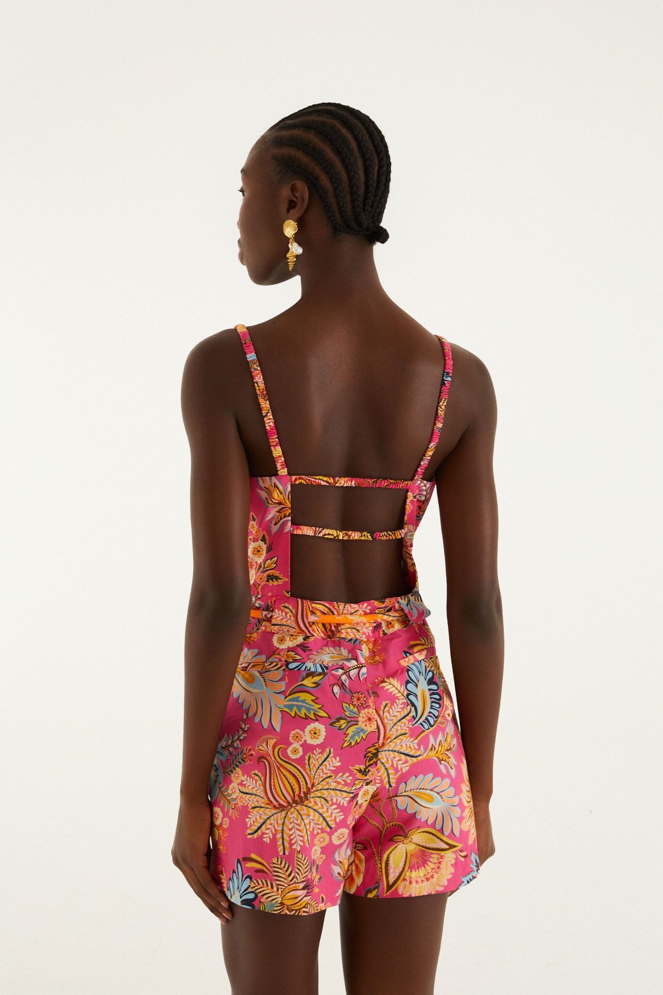 Pink Ligia Floral Drawstring Organic Cotton Romper