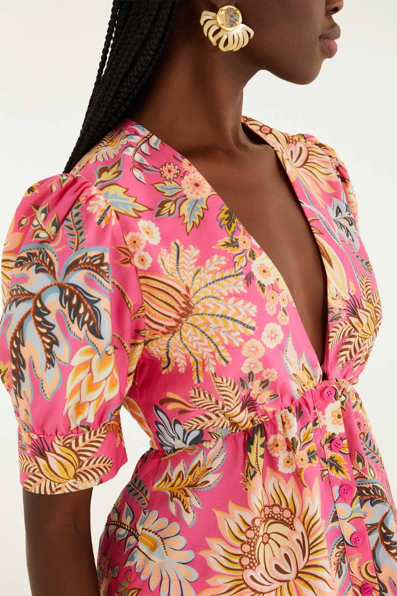 Pink Ligia Floral Puff Sleeve Organic Cotton Blouse
