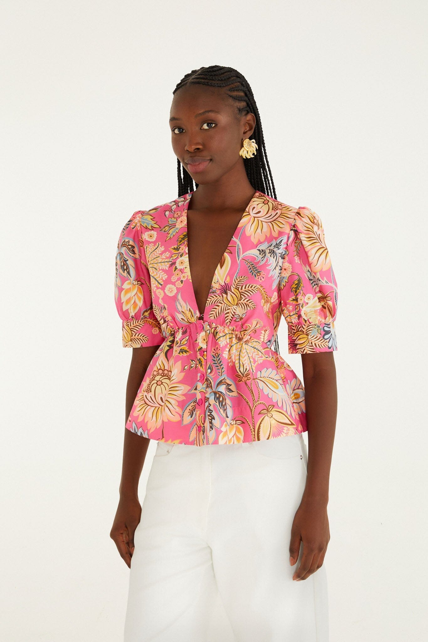 Pink Ligia Floral Puff Sleeve Organic Cotton Blouse