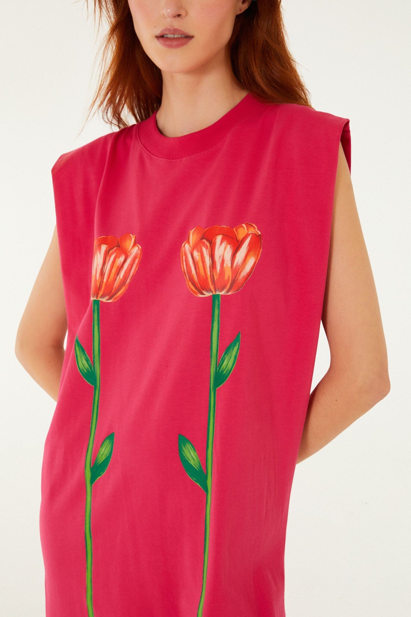 Pink Tropical Rose Padded Shoulders Organic Cotton Mini Dress