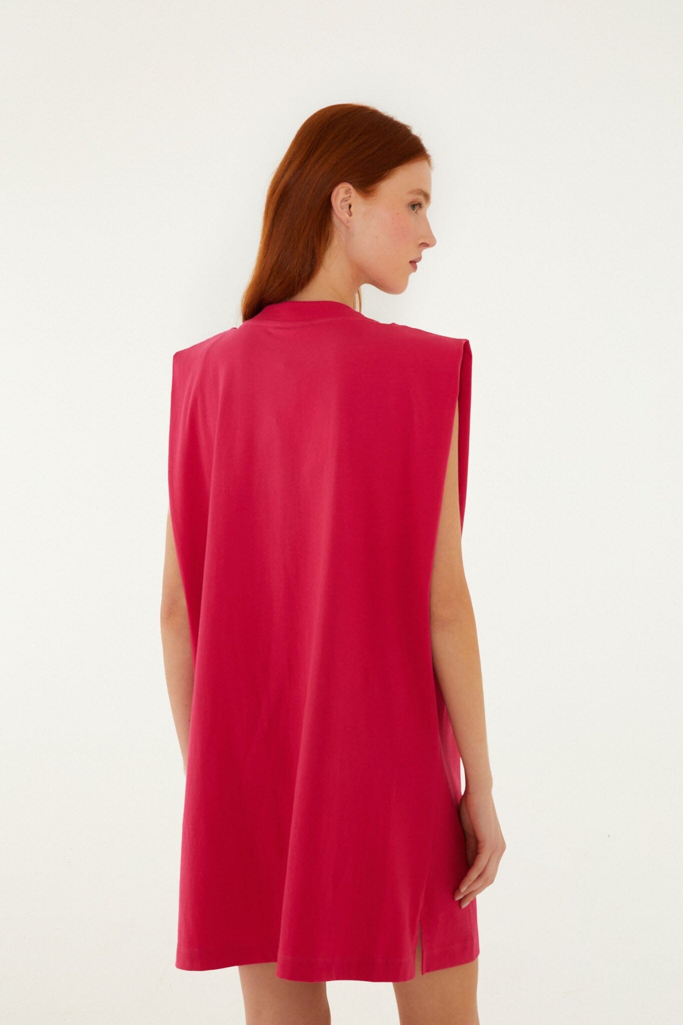 Pink Tropical Rose Padded Shoulders Organic Cotton Mini Dress