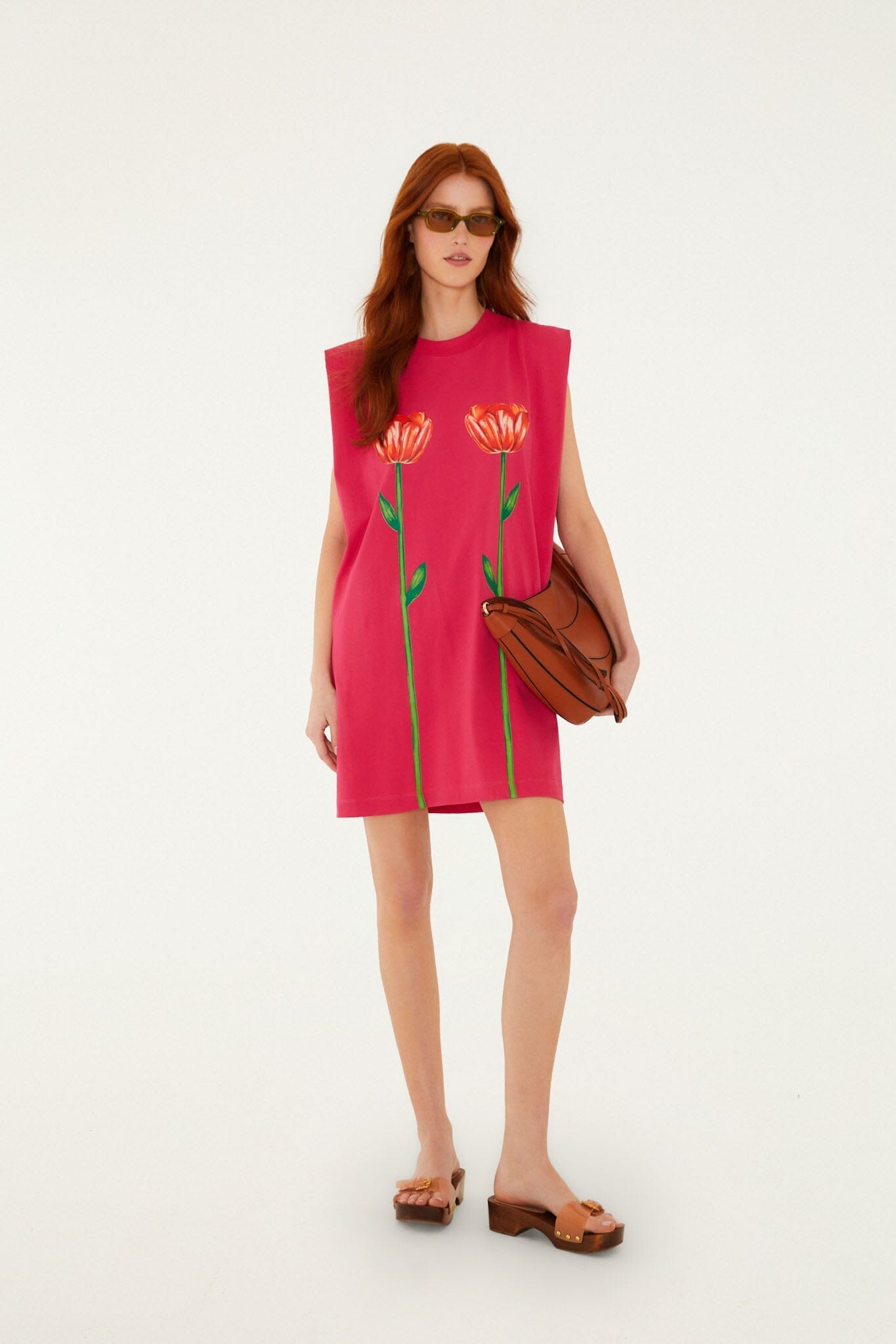 Pink Tropical Rose Padded Shoulders Organic Cotton Mini Dress