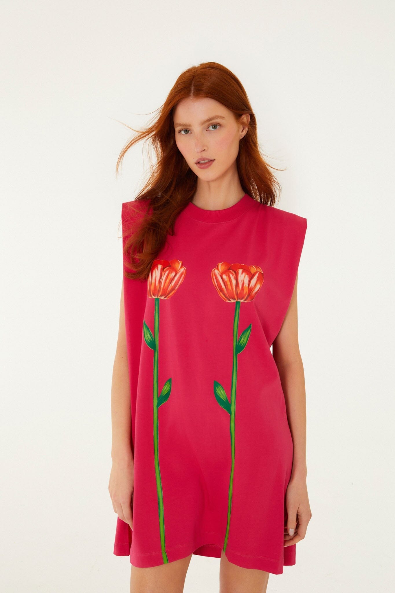 Pink Tropical Rose Padded Shoulders Organic Cotton Mini Dress