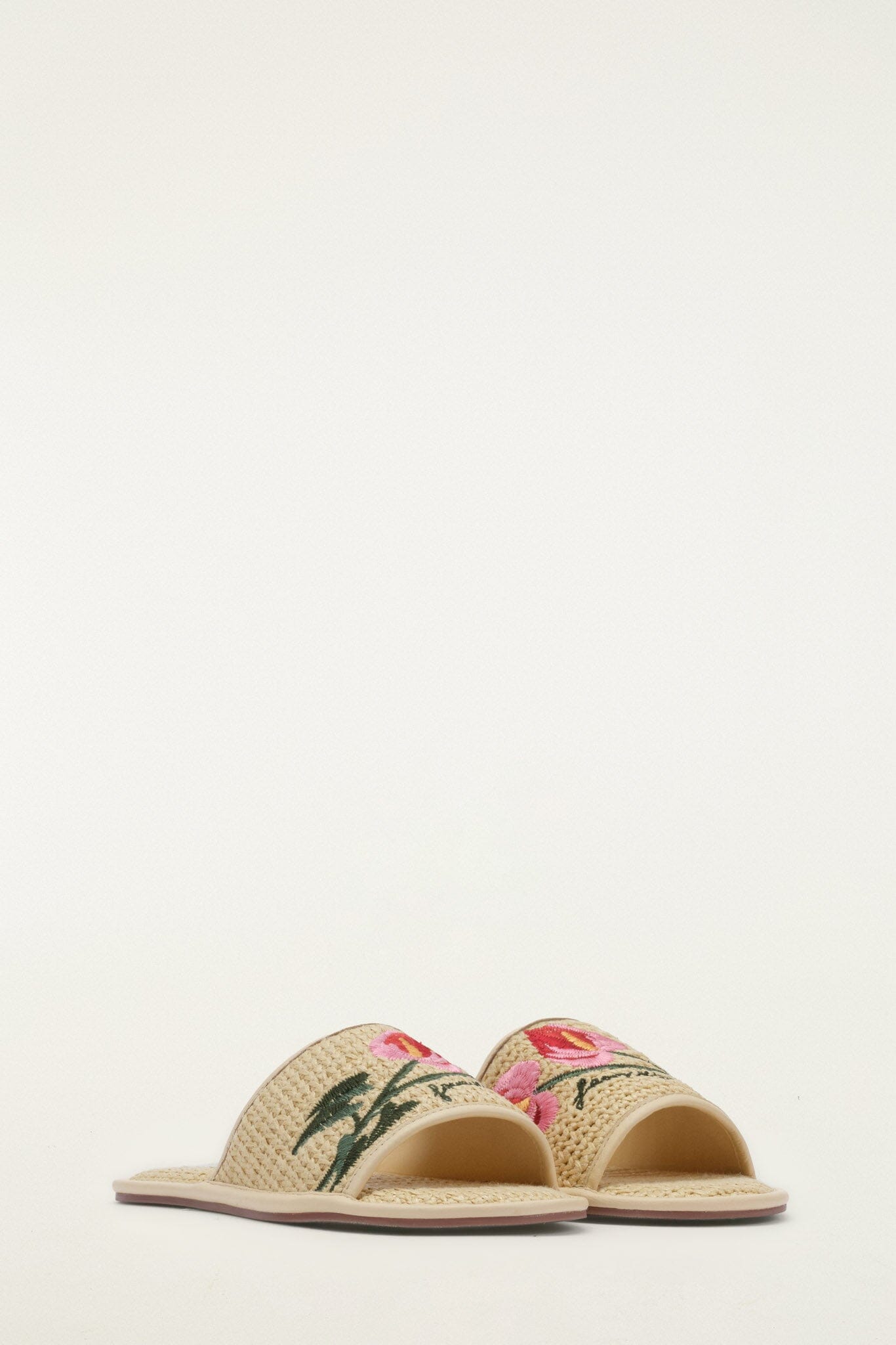 FARM Rio model wearing the Raffia Farm Hotel Embroidered Slide Sandal