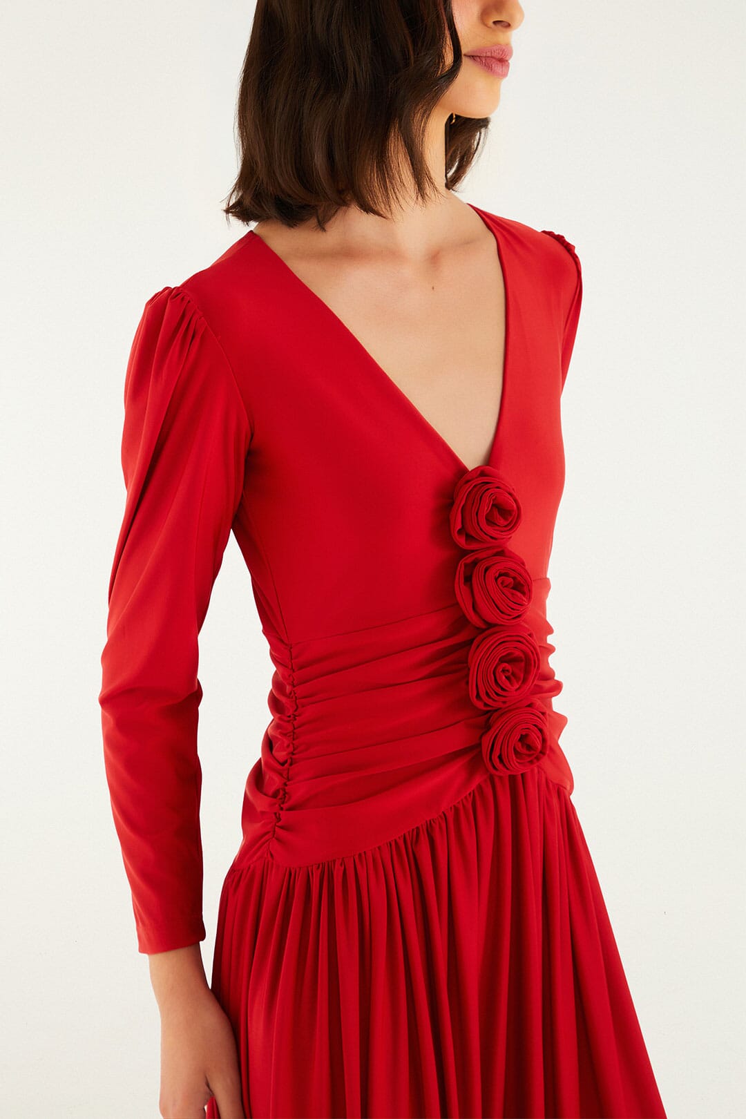 Red 3d Roses Long Sleeve Draped Midi Dress | FARM Rio Red 3d Roses Long Sleeve Draped Midi Dress | FARM Rio