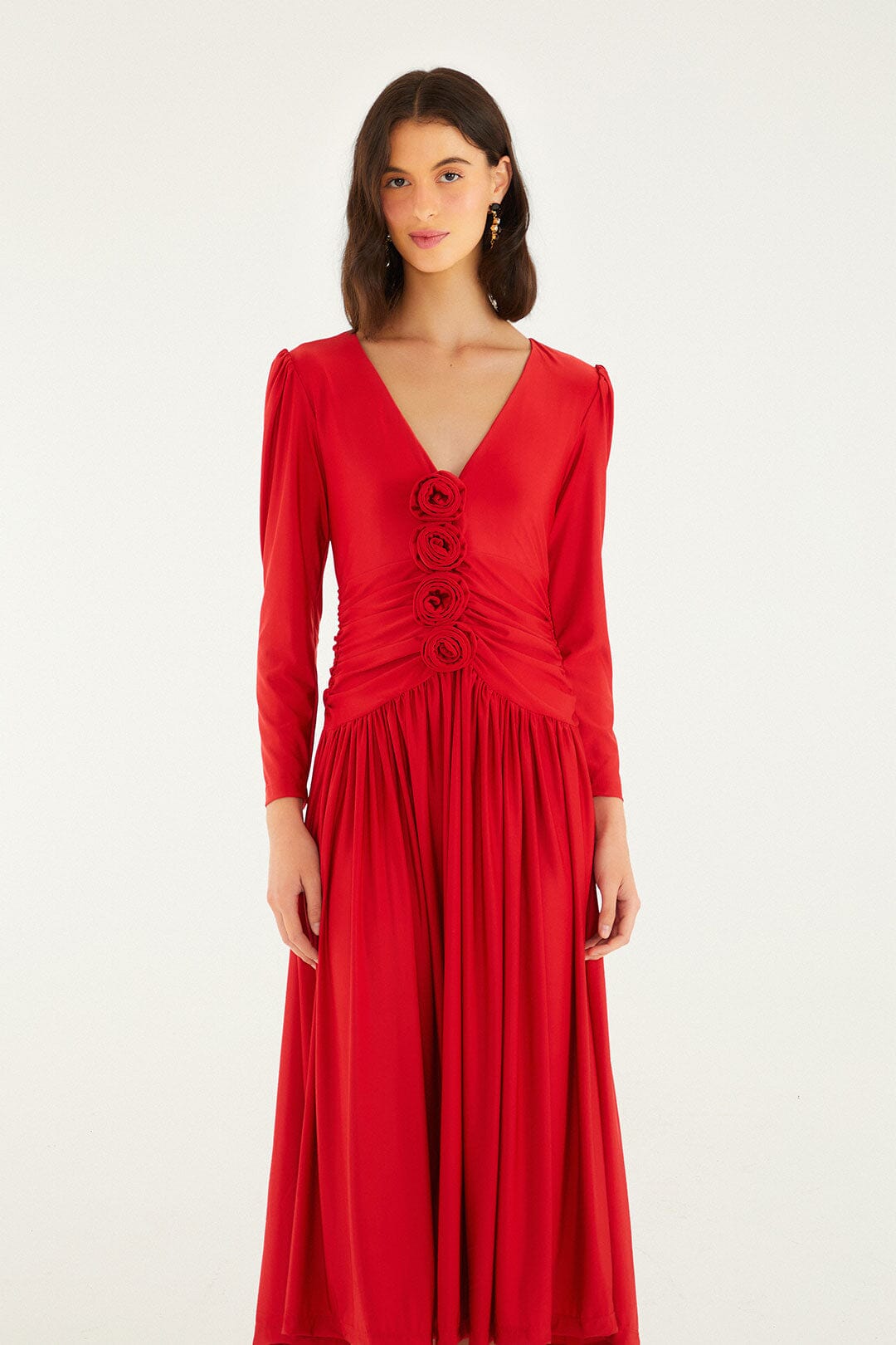 Red 3d Roses Long Sleeve Draped Midi Dress Red 3d Roses Long Sleeve Draped Midi Dress