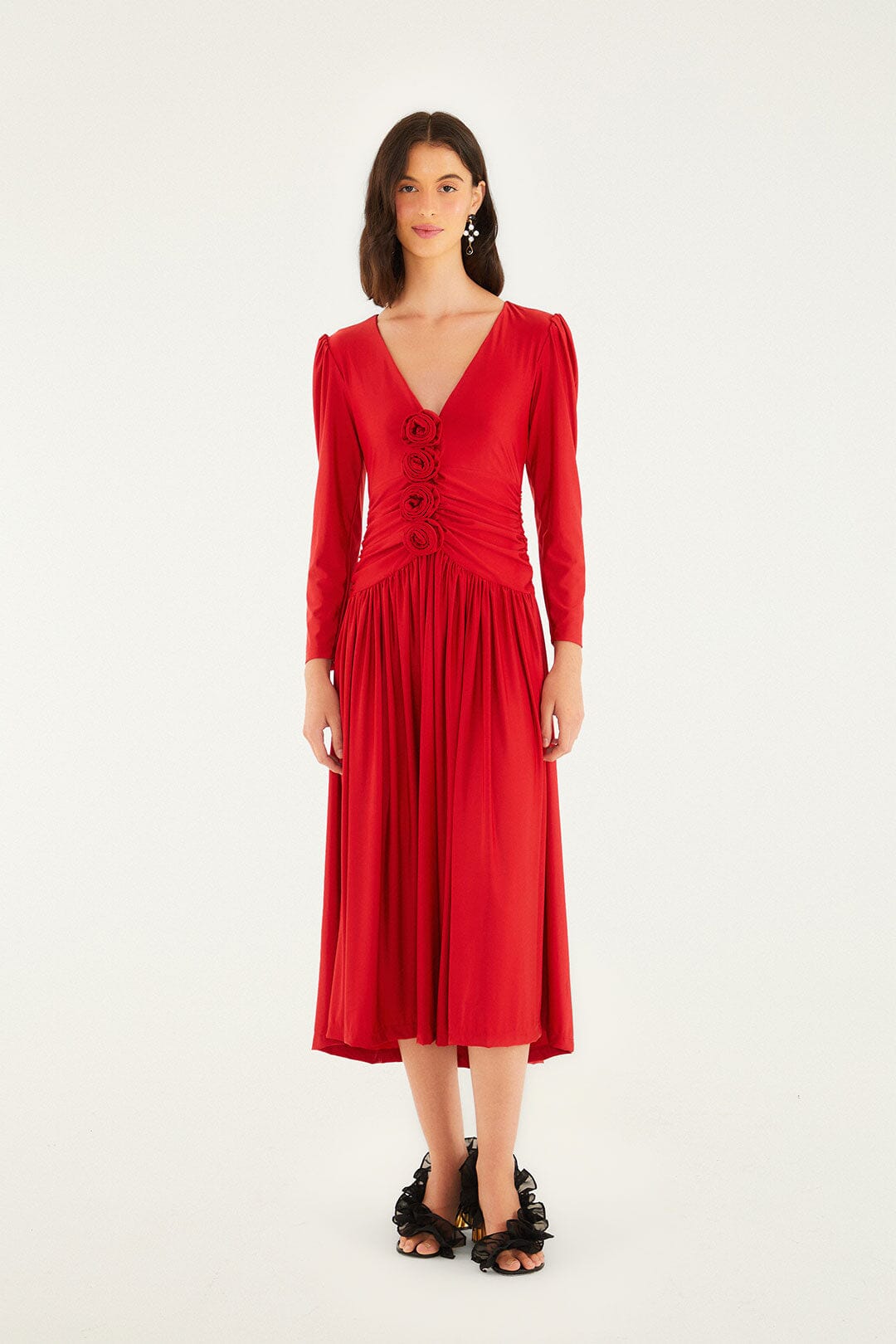 FARM Rio model wearing the Red 3d Roses Long Sleeve Draped Midi Dress