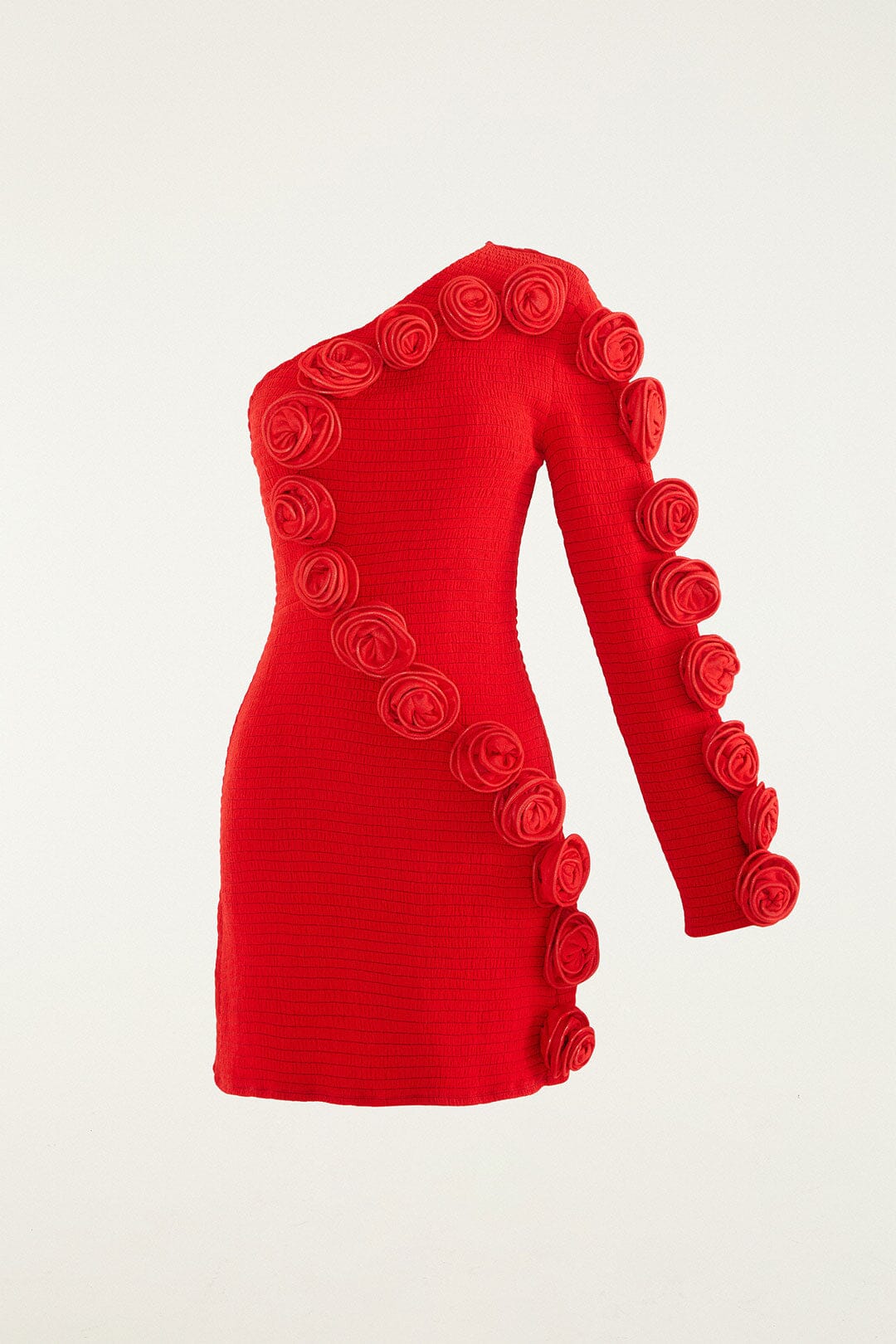 FARM Rio model wearing the Red 3d Roses One-Shoulder Slim Mini Dress