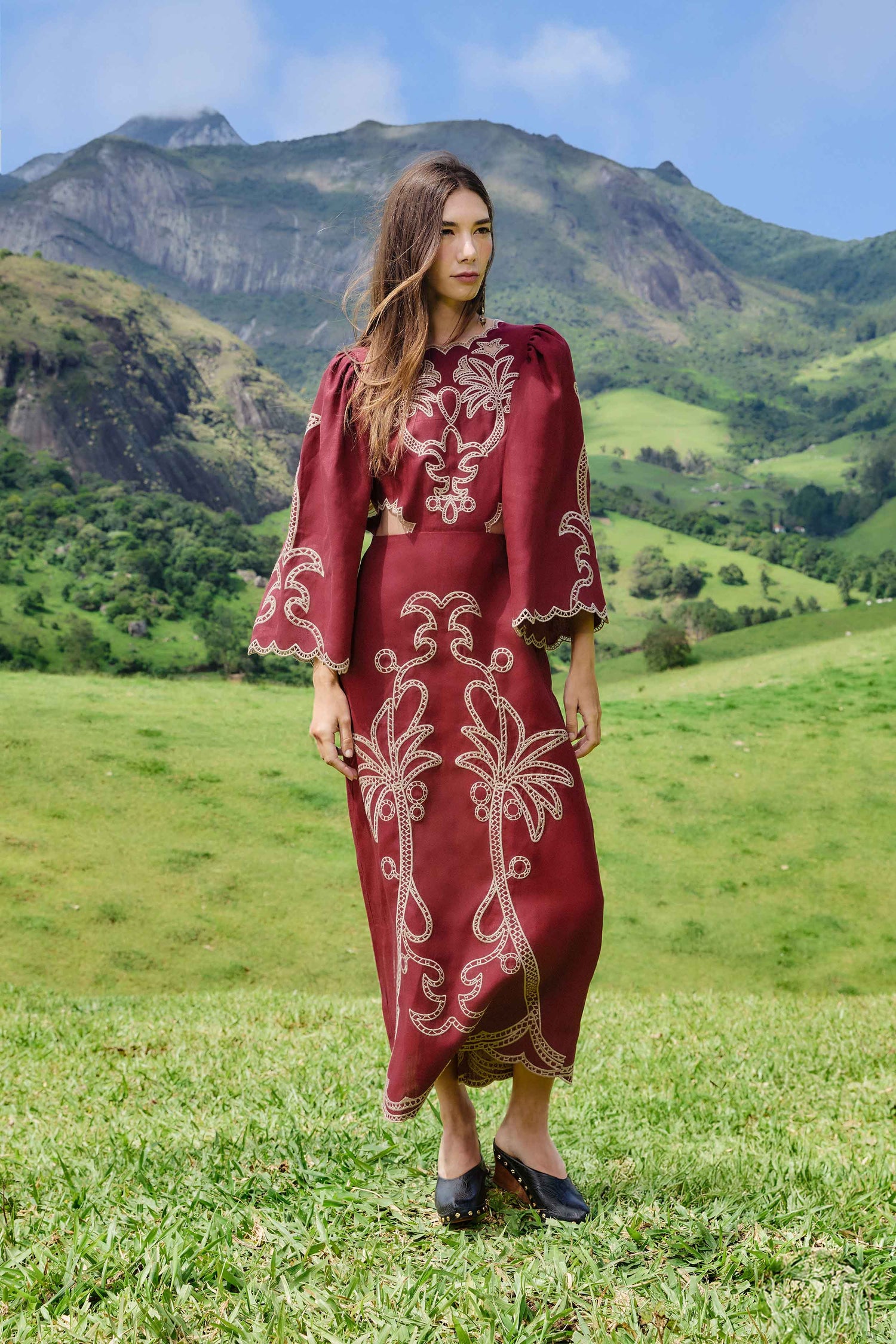 Red Artisanal Cut-Out Embroidered Euroflax Premium Linen Maxi Dress