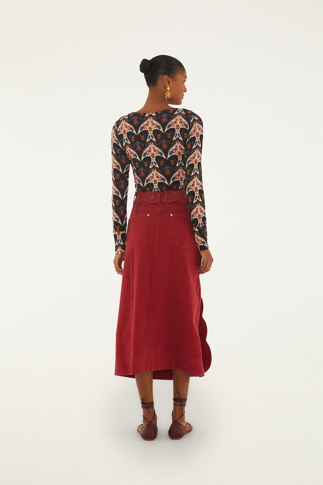 FARM Rio model wearing the Red Buttoned Belted Wavy Midi Skirt