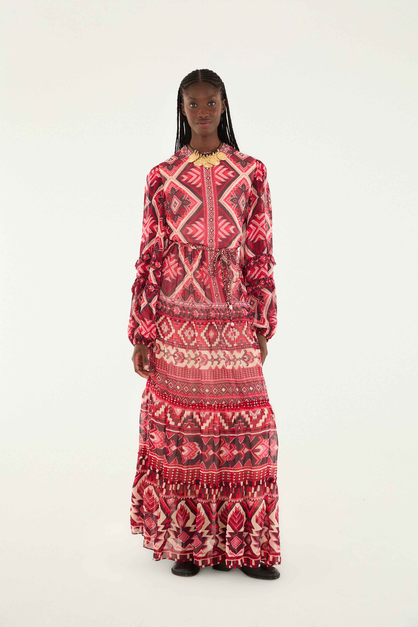 FARM Rio model wearing the Red Graphic Ainika Belted Tiered Maxi Dress