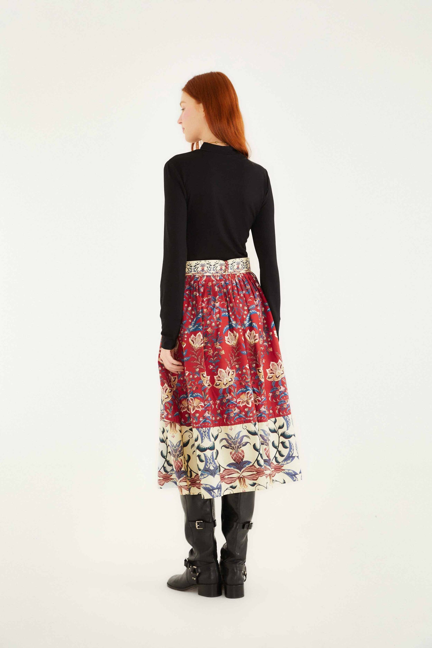 FARM Rio model wearing the Red Winter Breeze Buttoned Belted Organic Cotton Midi Skirt