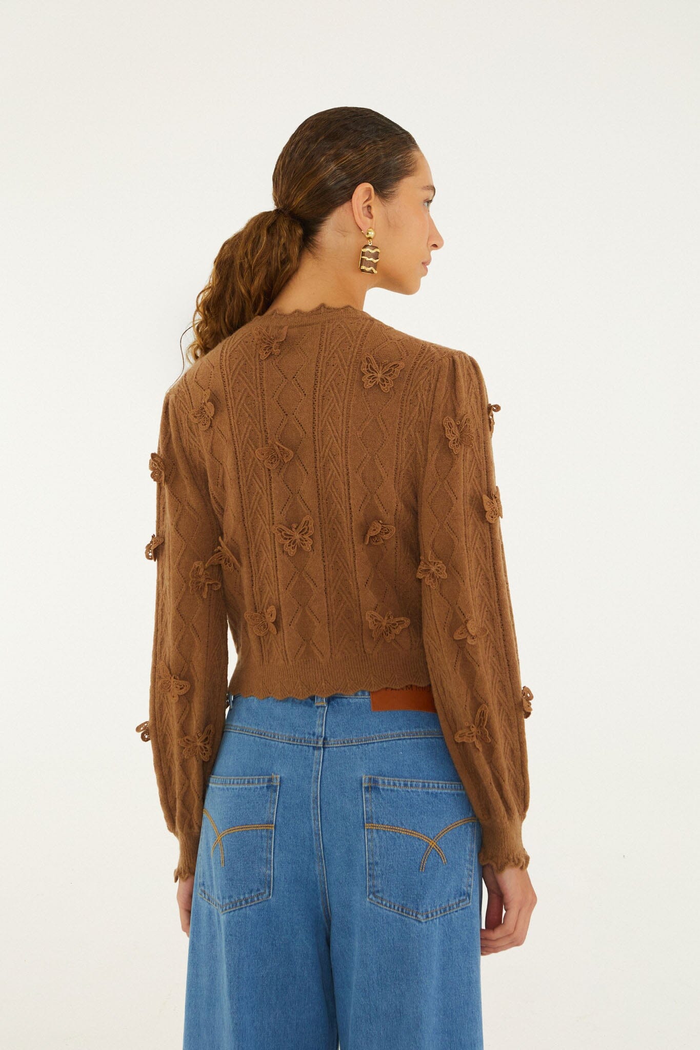 FARM Rio model wearing the Richilieu 3d Butterflies Artisanal Knit Cardigan