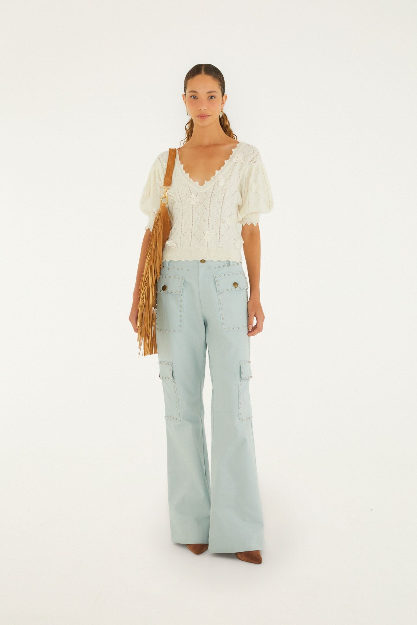 FARM Rio model wearing the Richilieu 3d Butterflies Artisanal Knit Top