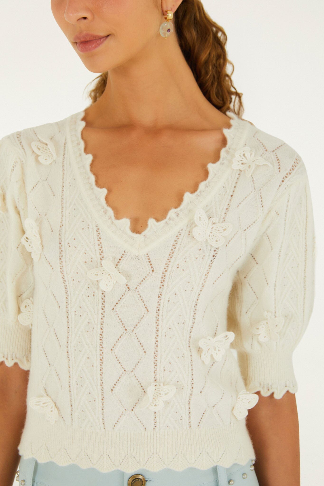 FARM Rio model wearing the Richilieu 3d Butterflies Artisanal Knit Top